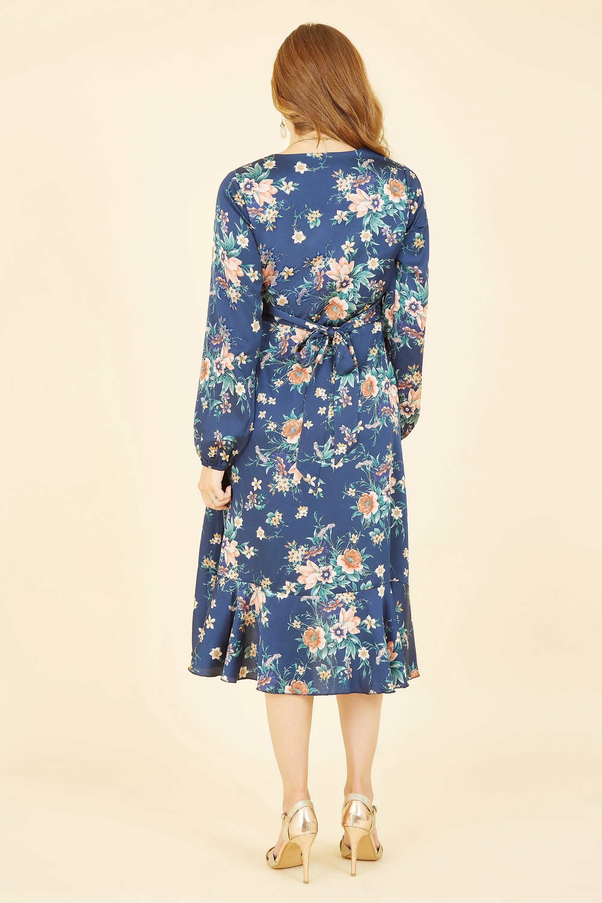 Mela London Navy Long Sleeve Floral Print Satin Wrap Dress