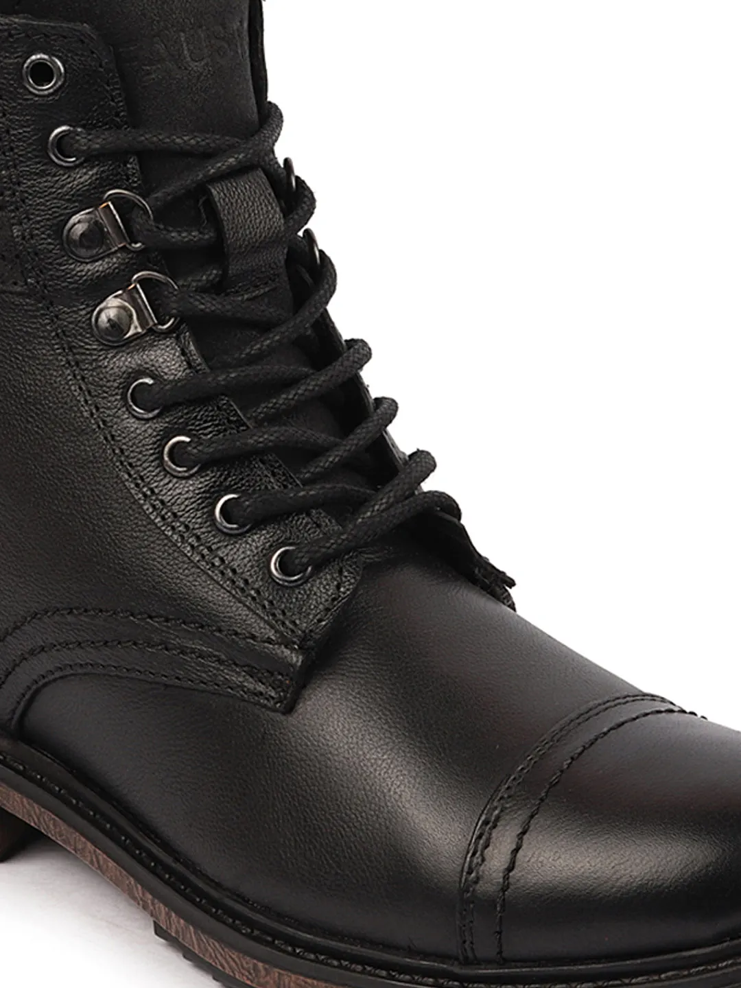 Men Black High Ankle Genuine Leather 8-Eye Lace Up Cap Toe Welted Sole Winter Biker Boots