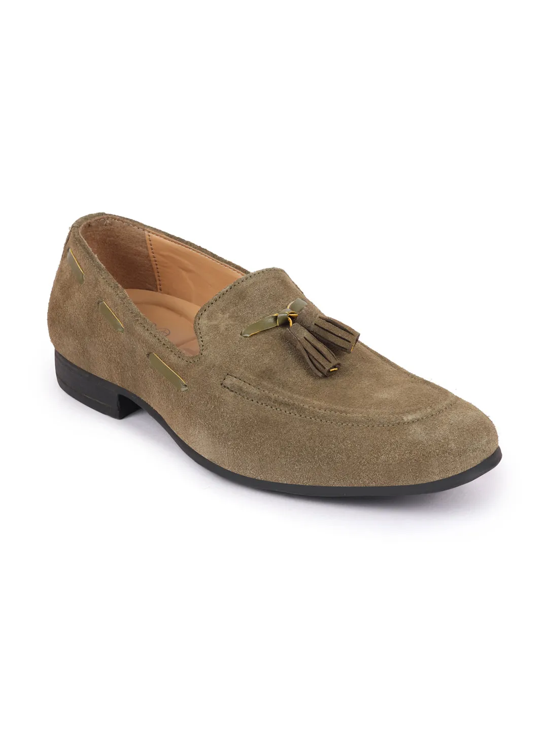 Men Olive Green Suede Leather Casual Tassel Loafer Shoes