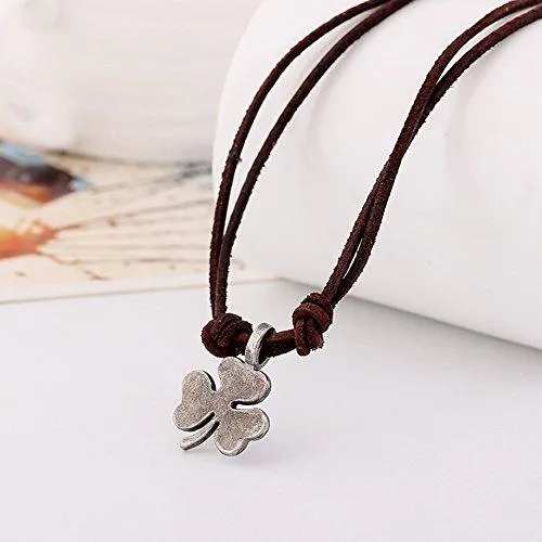 Men Punk Alloy Leather Clover Chain Pendant Necklace