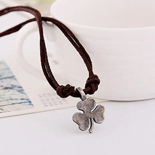 Men Punk Alloy Leather Clover Chain Pendant Necklace