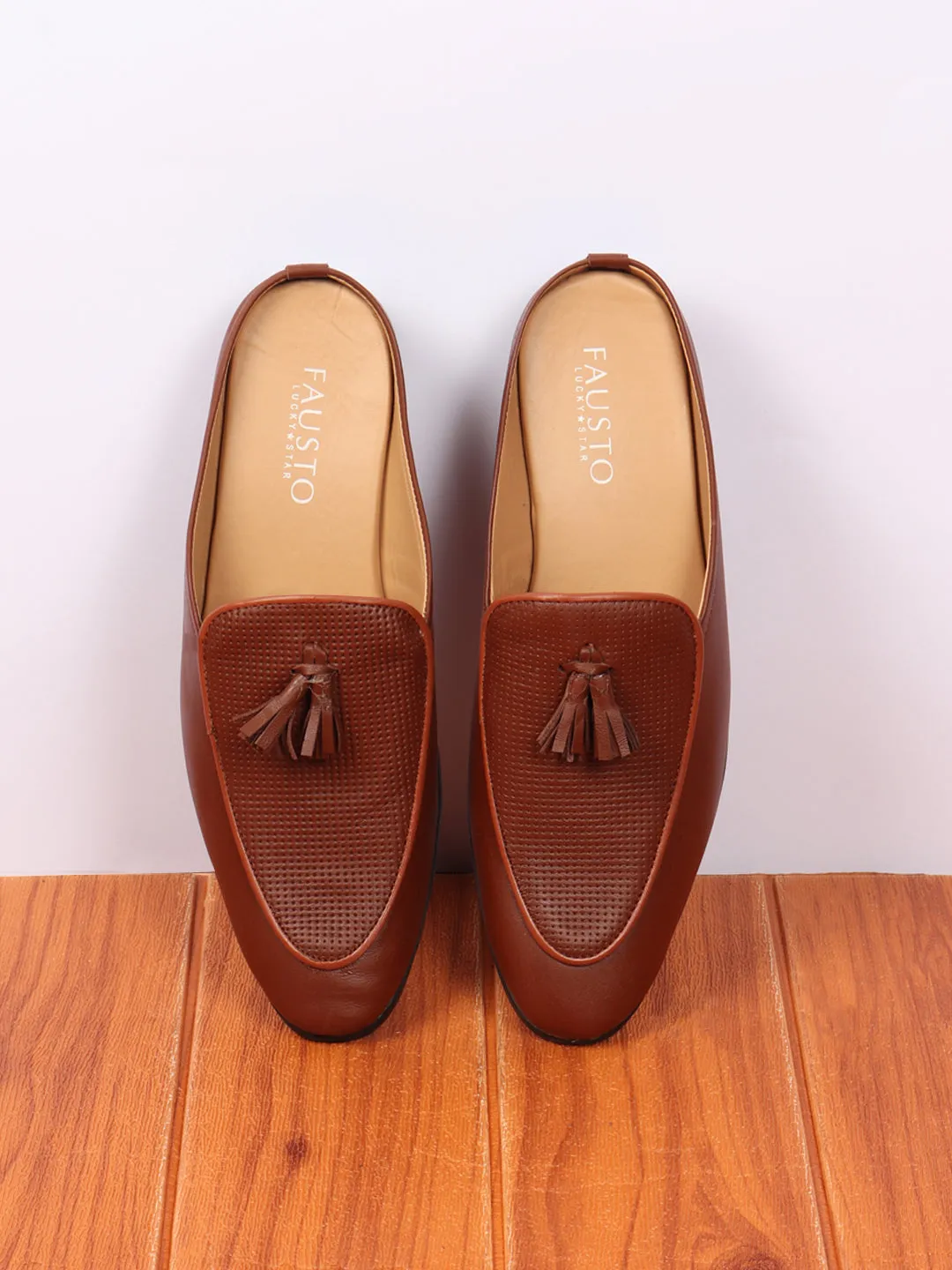 Men Tan Back Open Tassle Leather Slip On Shoes