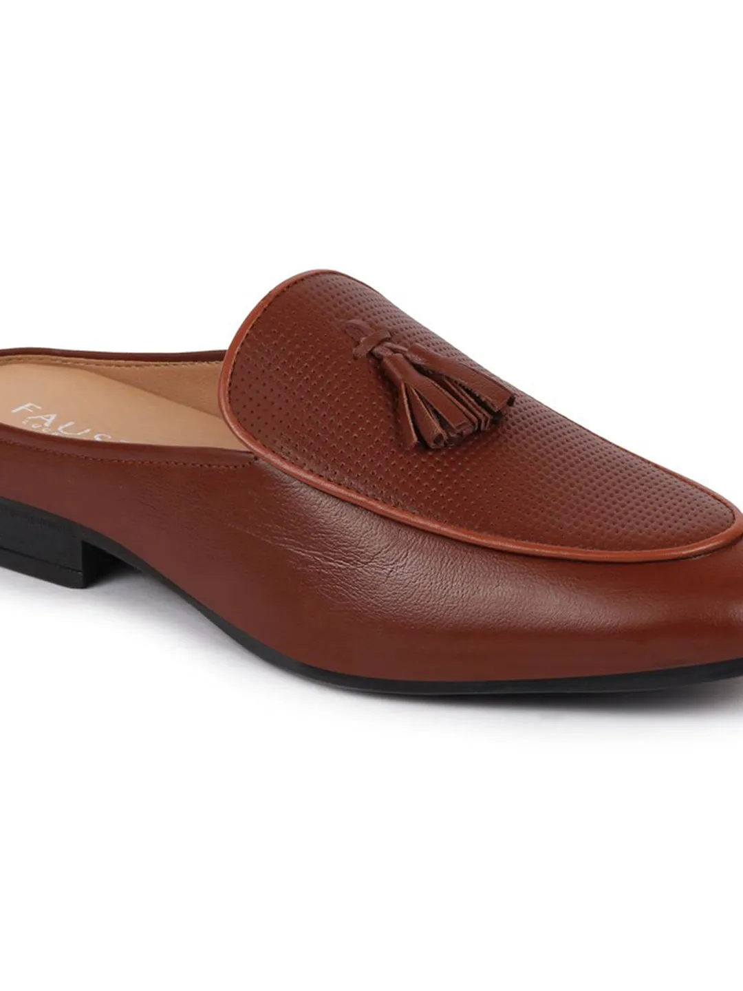 Men Tan Back Open Tassle Leather Slip On Shoes