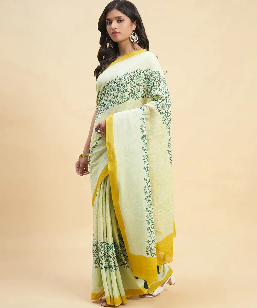 Mustard olive green cotton hand block sanganeri printed saree