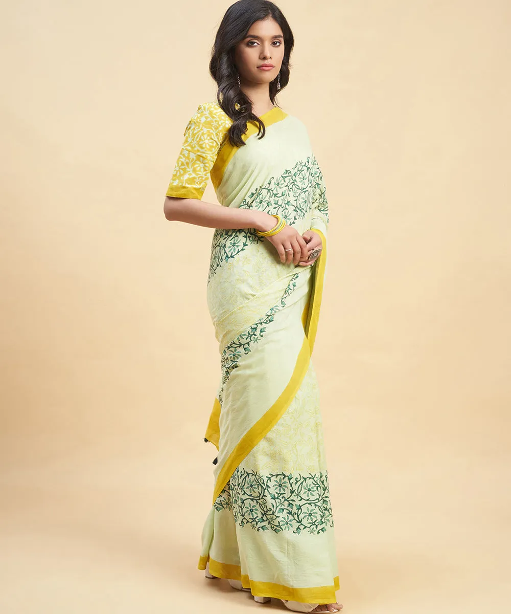 Mustard olive green cotton hand block sanganeri printed saree