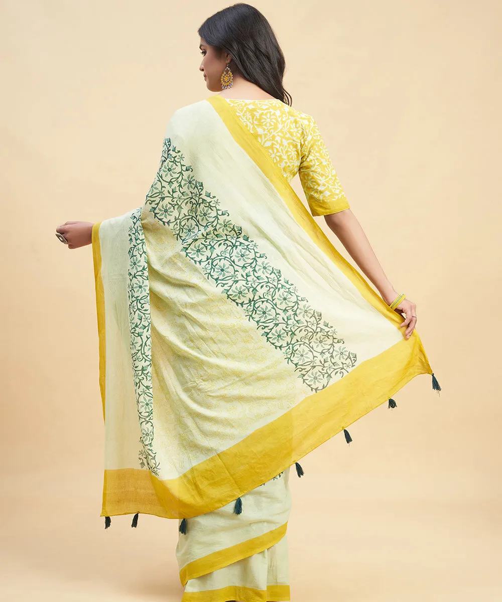 Mustard olive green cotton hand block sanganeri printed saree