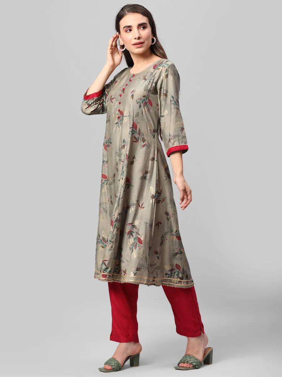 Olive Green Floral Printed Kurta Trouser Dupatta