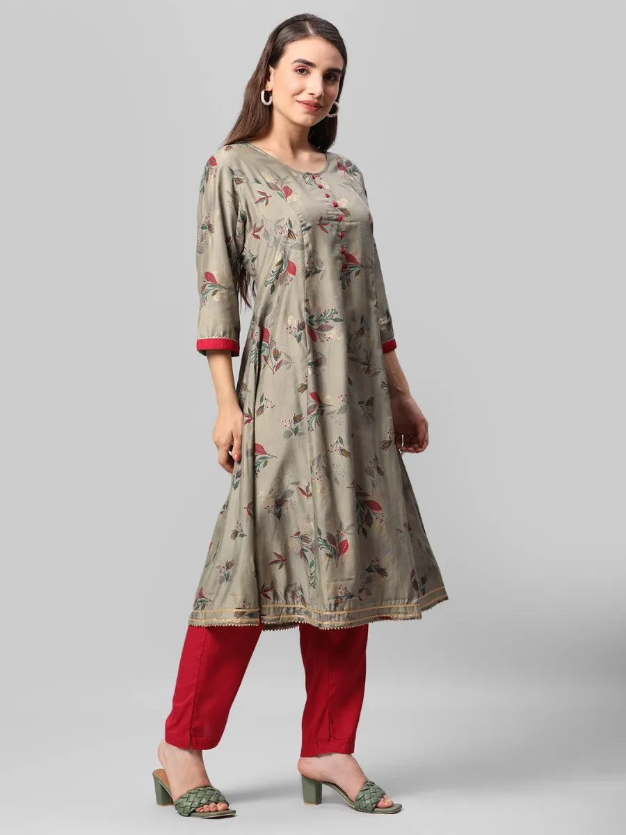 Olive Green Floral Printed Kurta Trouser Dupatta