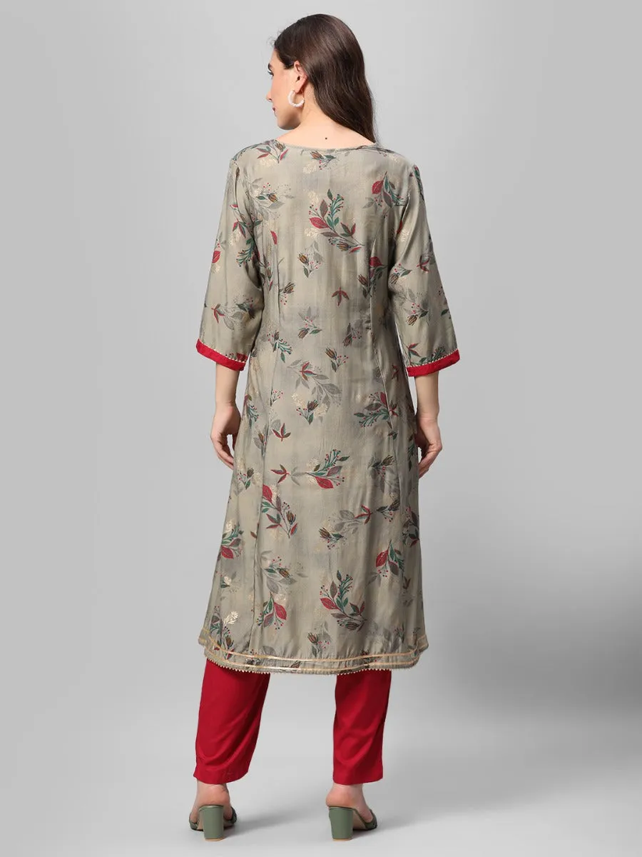 Olive Green Floral Printed Kurta Trouser Dupatta