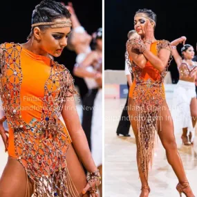 Orange Latin Dress with Crystal Net