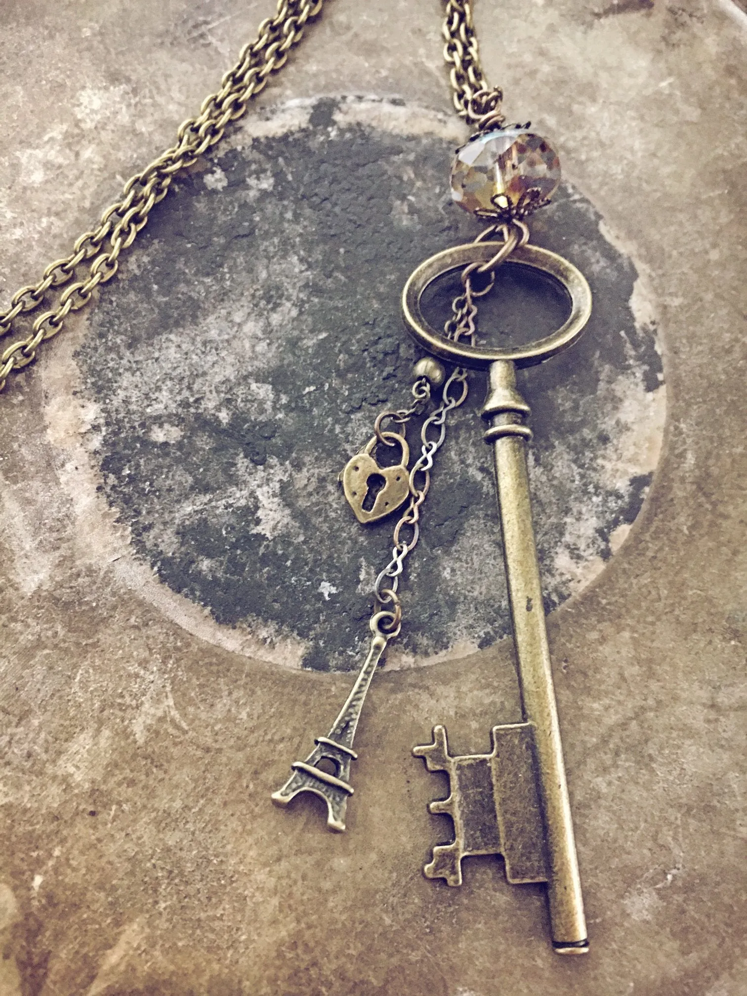 oval skeleton key & eiffel tower charm necklace