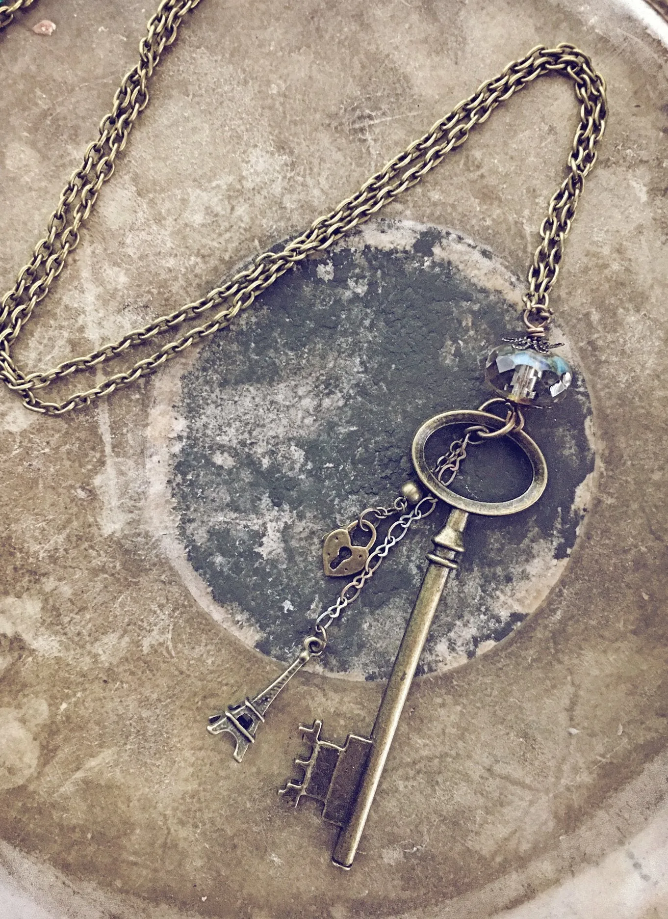 oval skeleton key & eiffel tower charm necklace