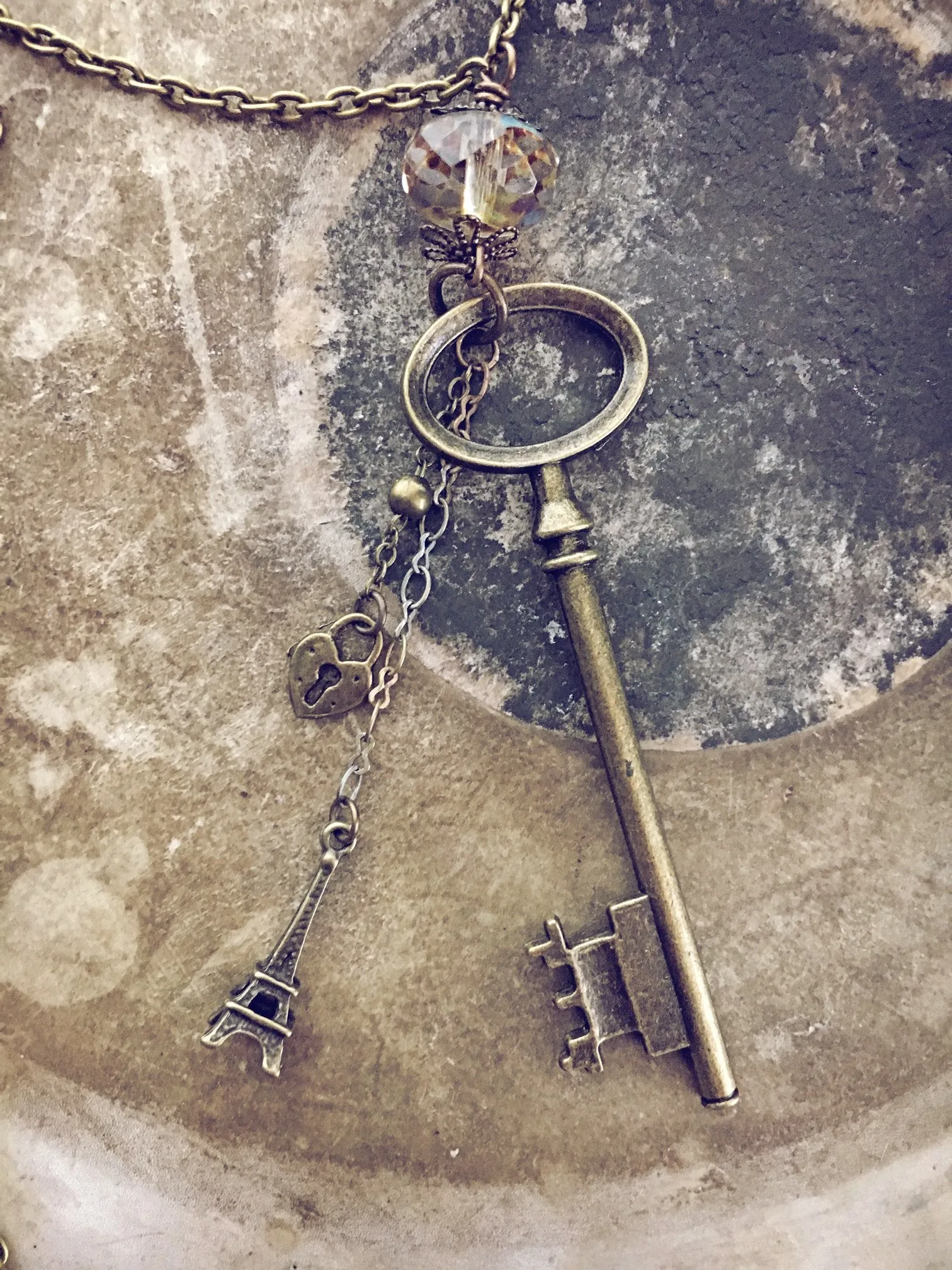 oval skeleton key & eiffel tower charm necklace