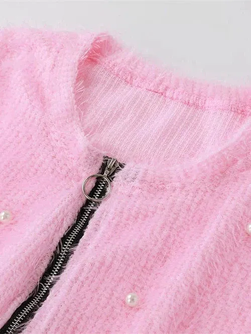 Pink Teddy Textured Quarter Zip Fleece Sweatshirt for Women