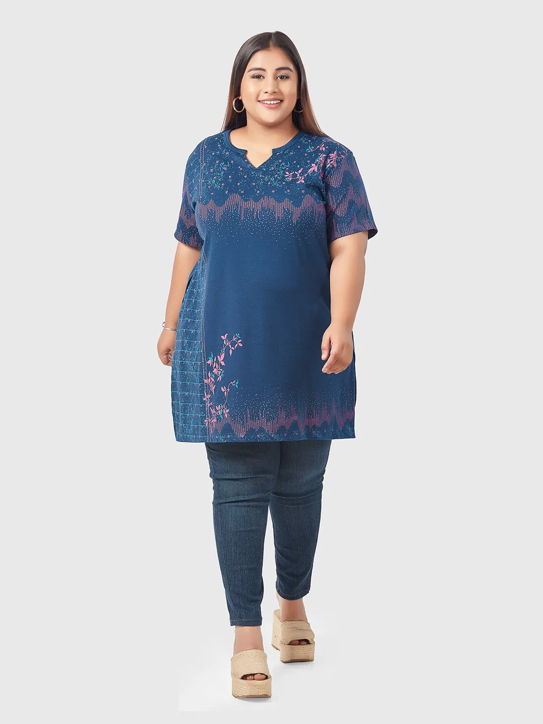 Plus Size Printed Long Tops For Women Half Sleeves - Blue