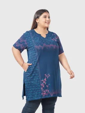 Plus Size Printed Long Tops For Women Half Sleeves - Blue