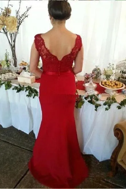 Red Button Backless Plus Size Mermaid Cap Sleeves V-neck Long Lace Bridesmaid Dresses