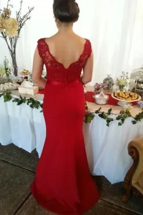 Red Button Backless Plus Size Mermaid Cap Sleeves V-neck Long Lace Bridesmaid Dresses