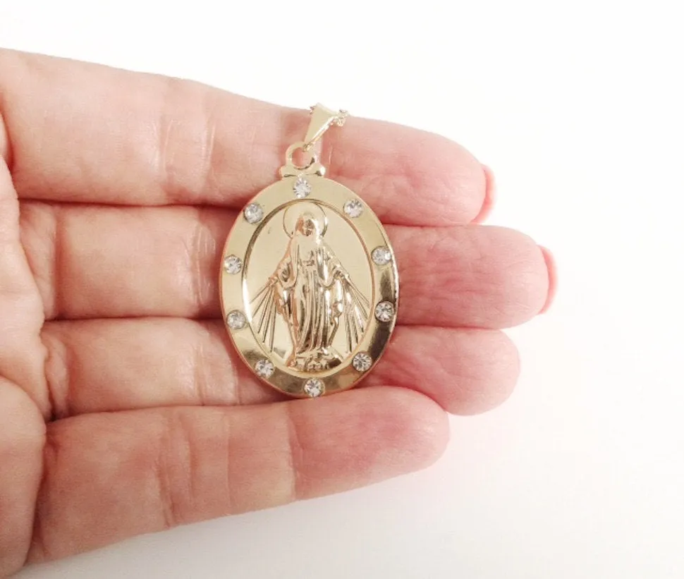 Rhinestone Miraculous Medal Necklace, Virgen La Milagrosa, Gold Virgen Mary Necklace, Catholic Jewelry Virgin Mother Mary, Miraculous Medal