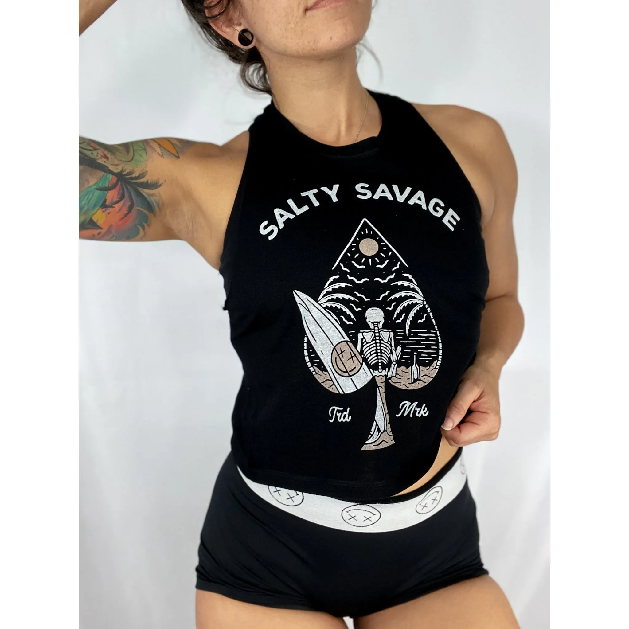 Salty Savage Ladies "Beach Spade" Flowy Racerback Crop Tank