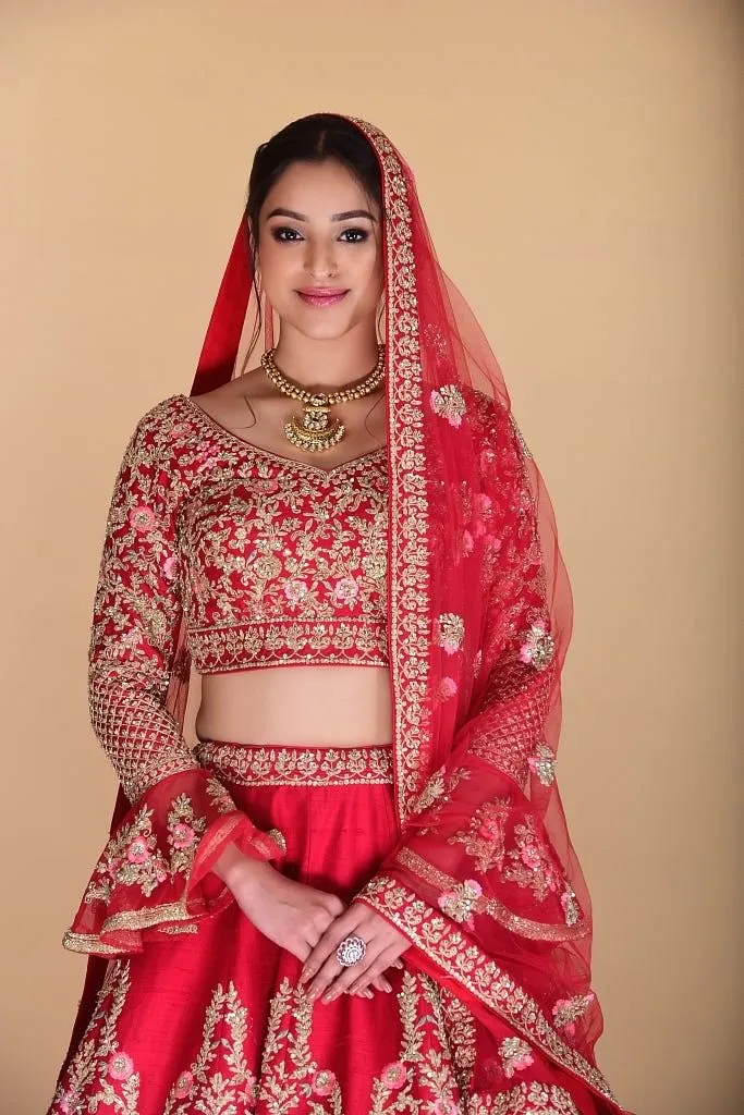 Scarlet Red Embroidered Lehenga set.