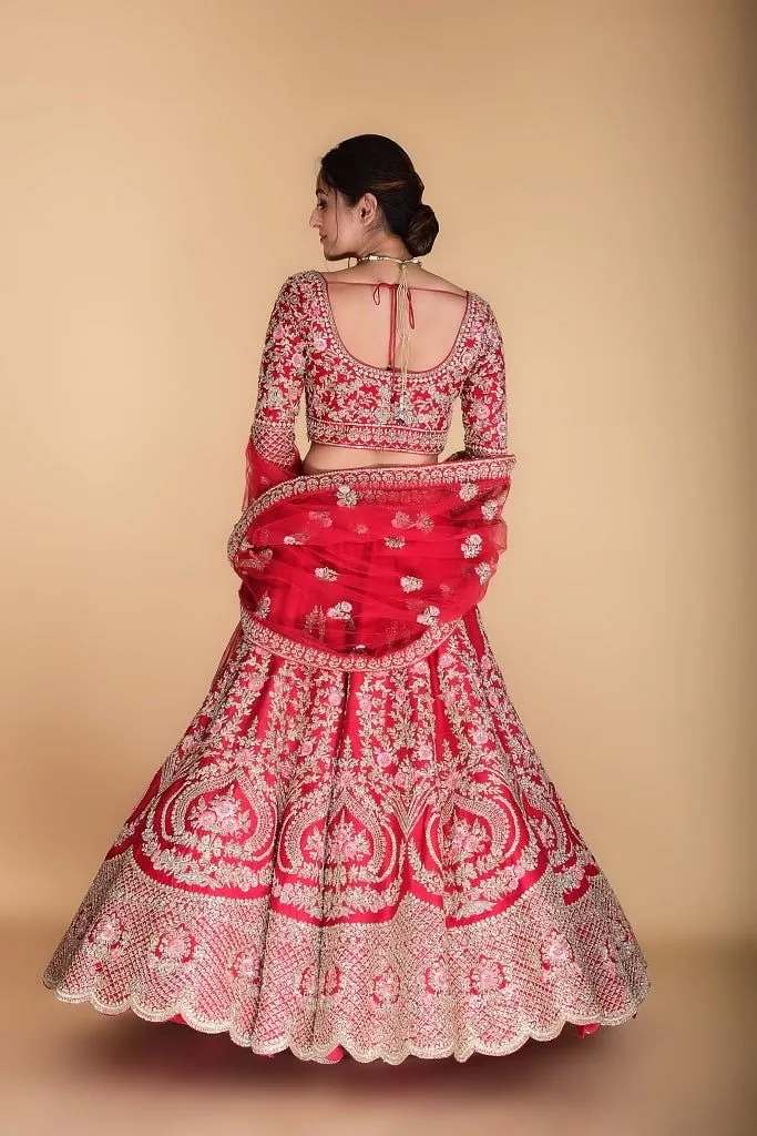 Scarlet Red Embroidered Lehenga set.