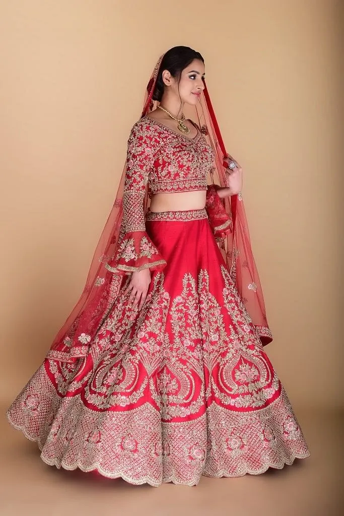 Scarlet Red Embroidered Lehenga set.