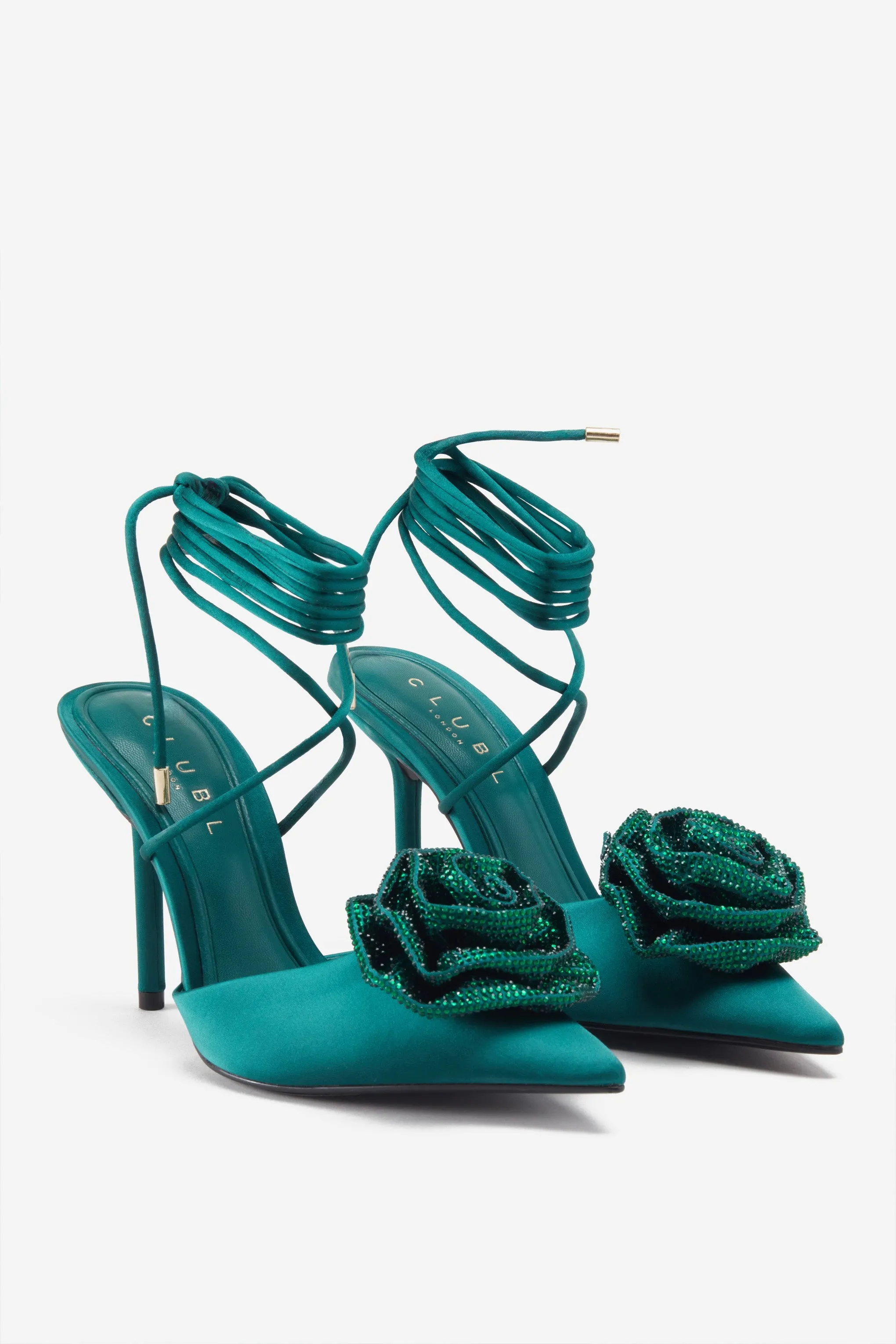 Sharpened | Green Lace-Up Stiletto Heels With Diamante Flowers