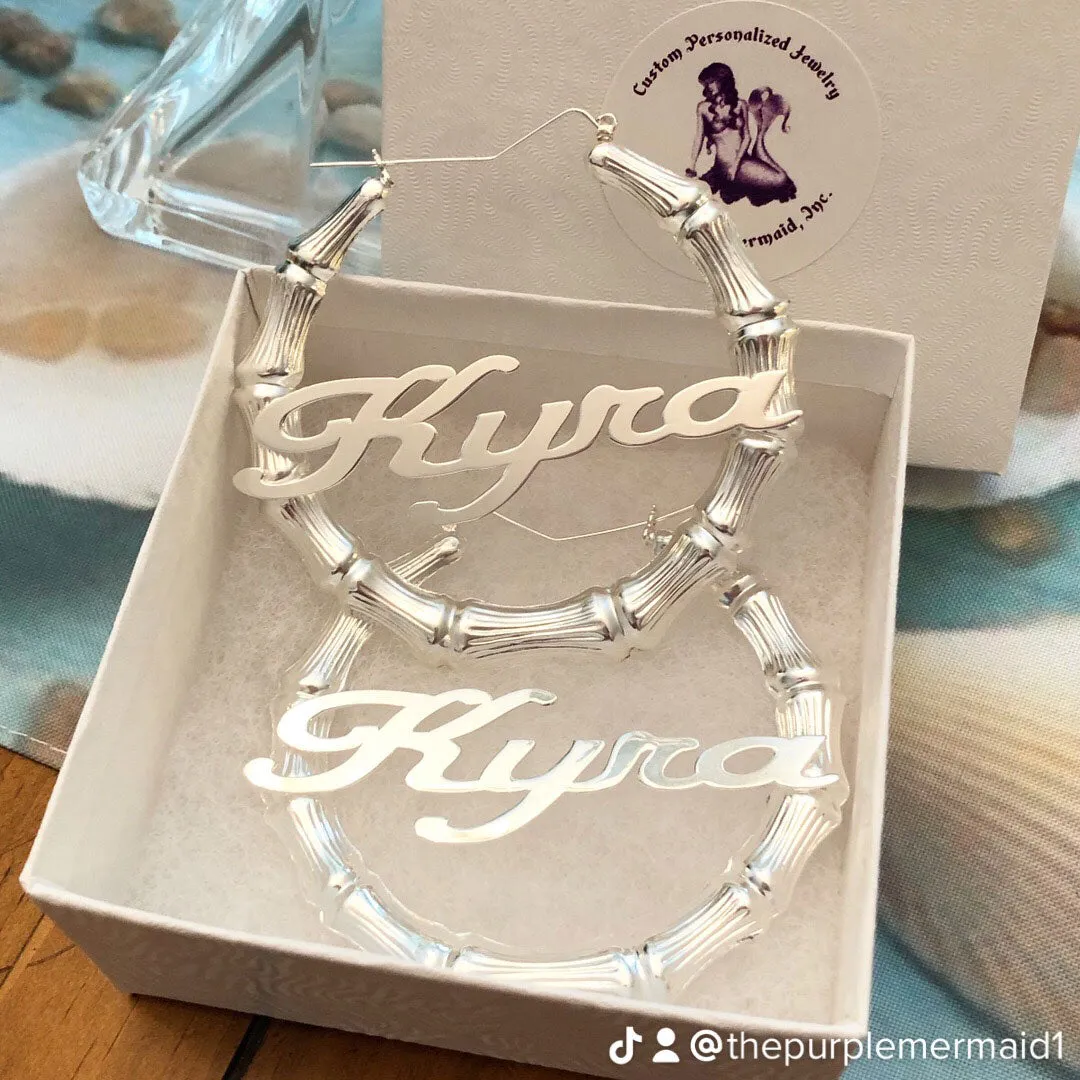 Silver Bamboo Name Hoop Earrings