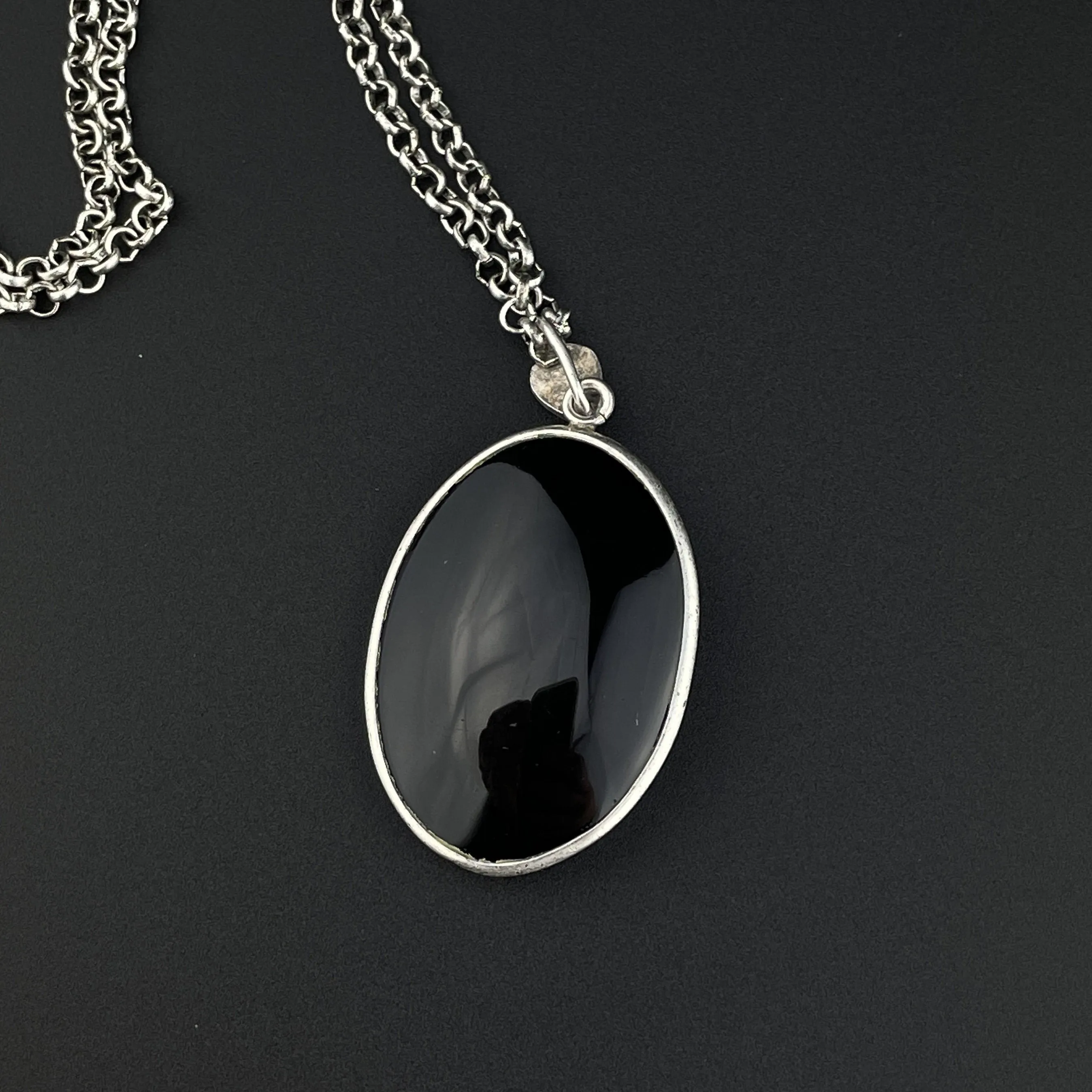 Silver Enamel Black Onyx Bamboo Pendant Necklace