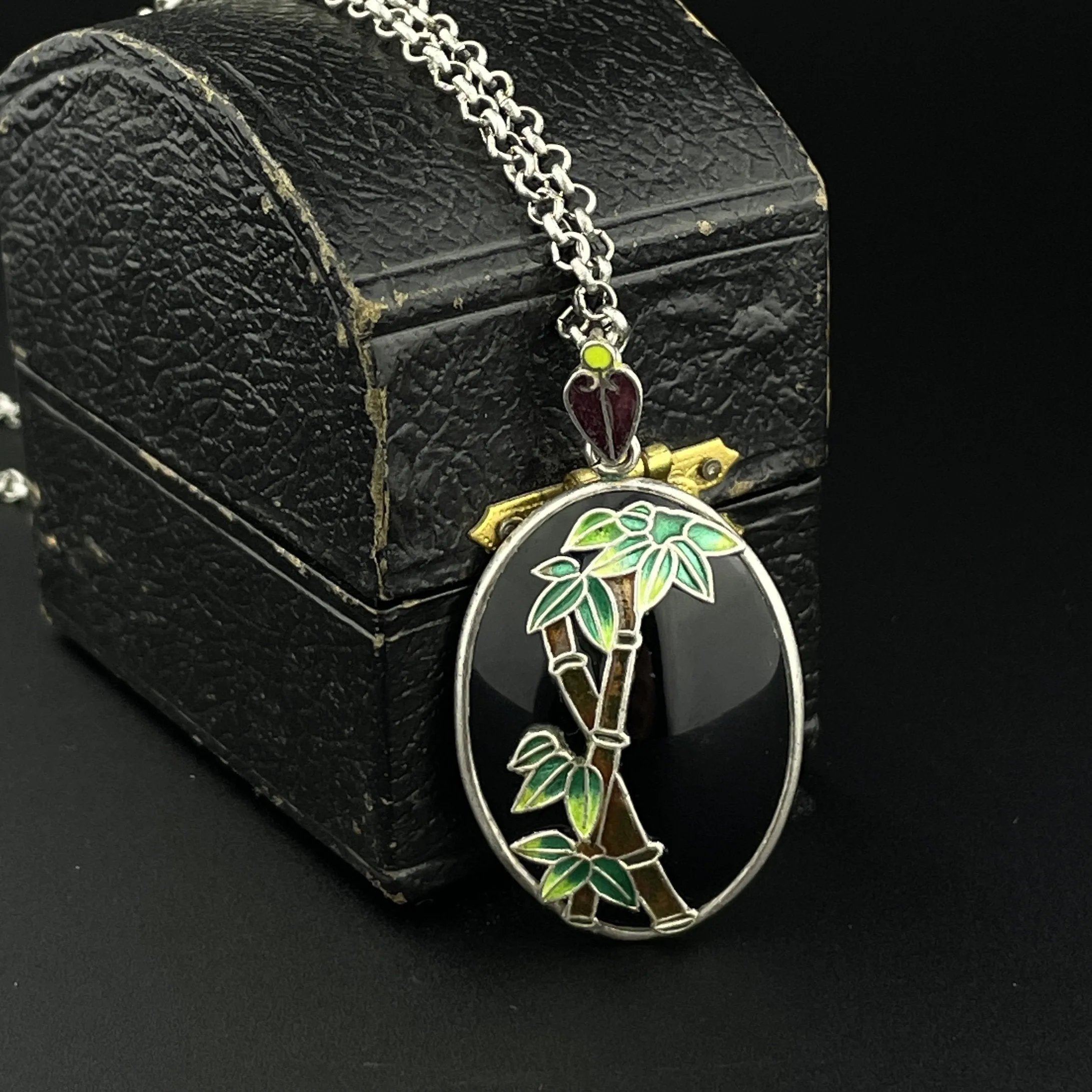 Silver Enamel Black Onyx Bamboo Pendant Necklace