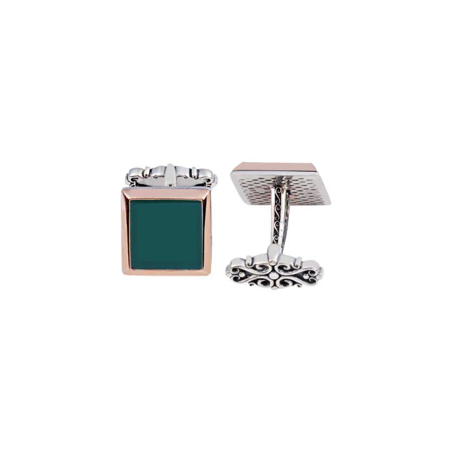 Silver Green Agate Stone Flat Cufflink