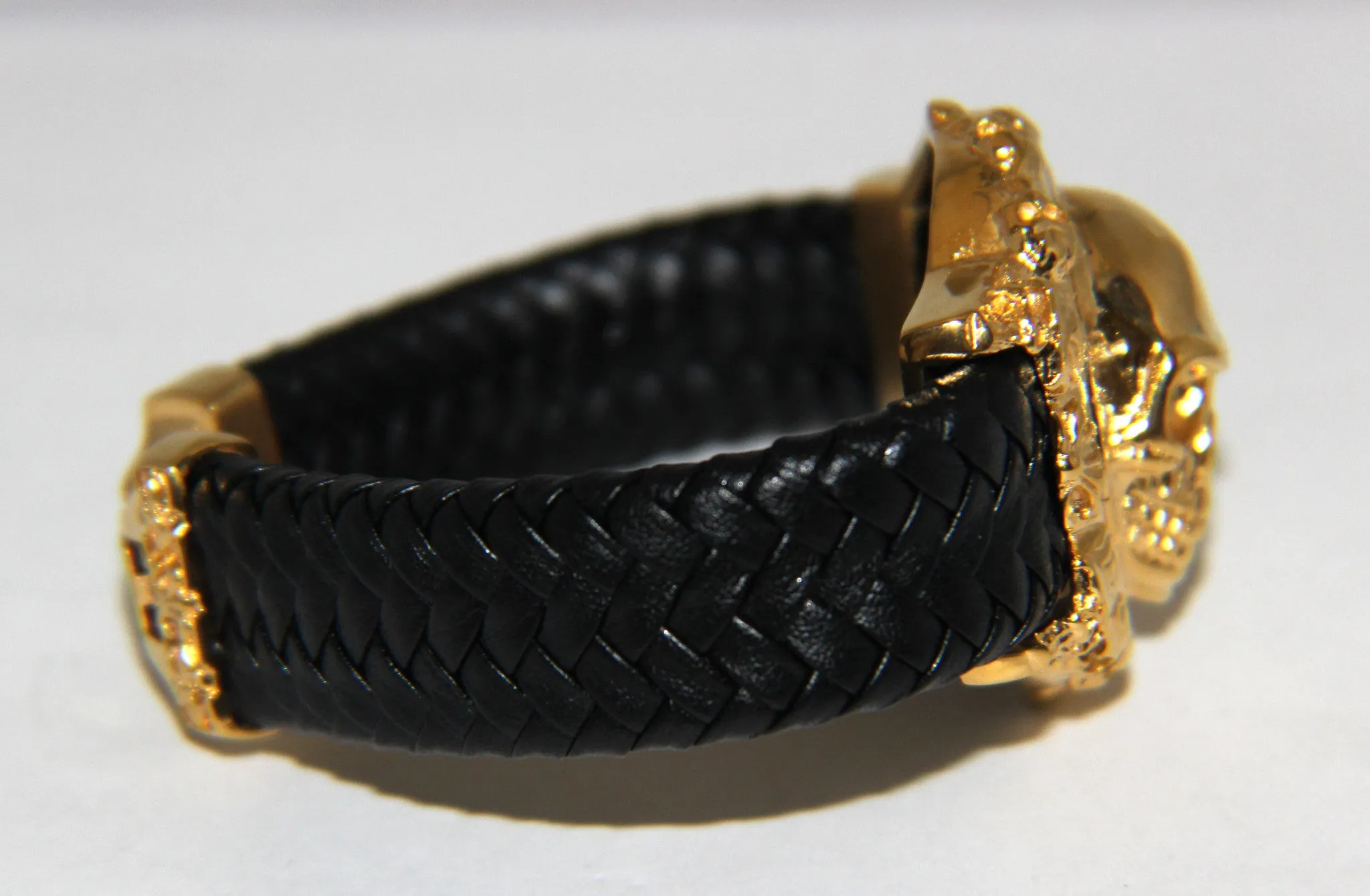 Stainless Steel Yellow Gold Plated Large Skull Leather Bracelet - UDINC0440