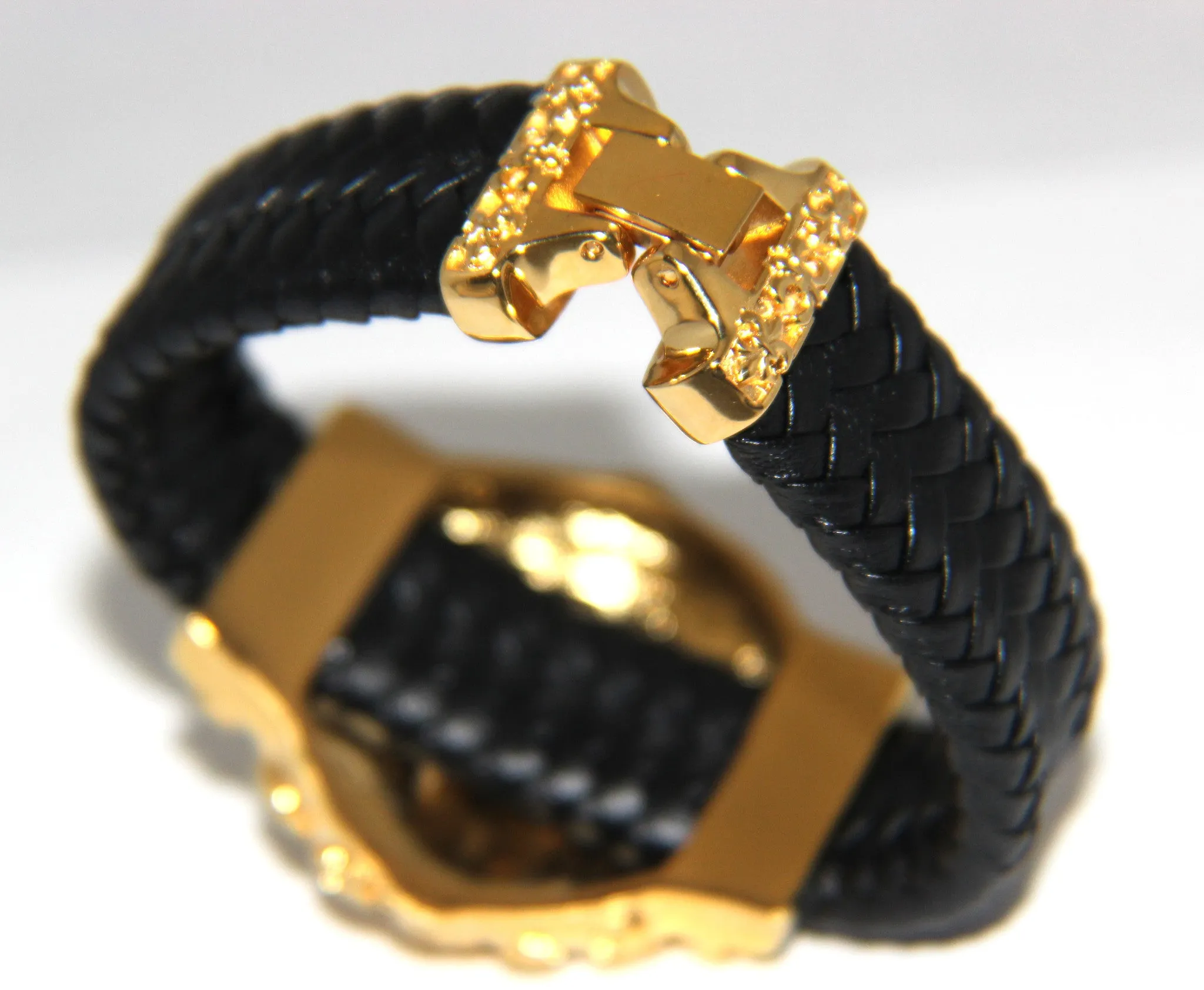 Stainless Steel Yellow Gold Plated Large Skull Leather Bracelet - UDINC0440