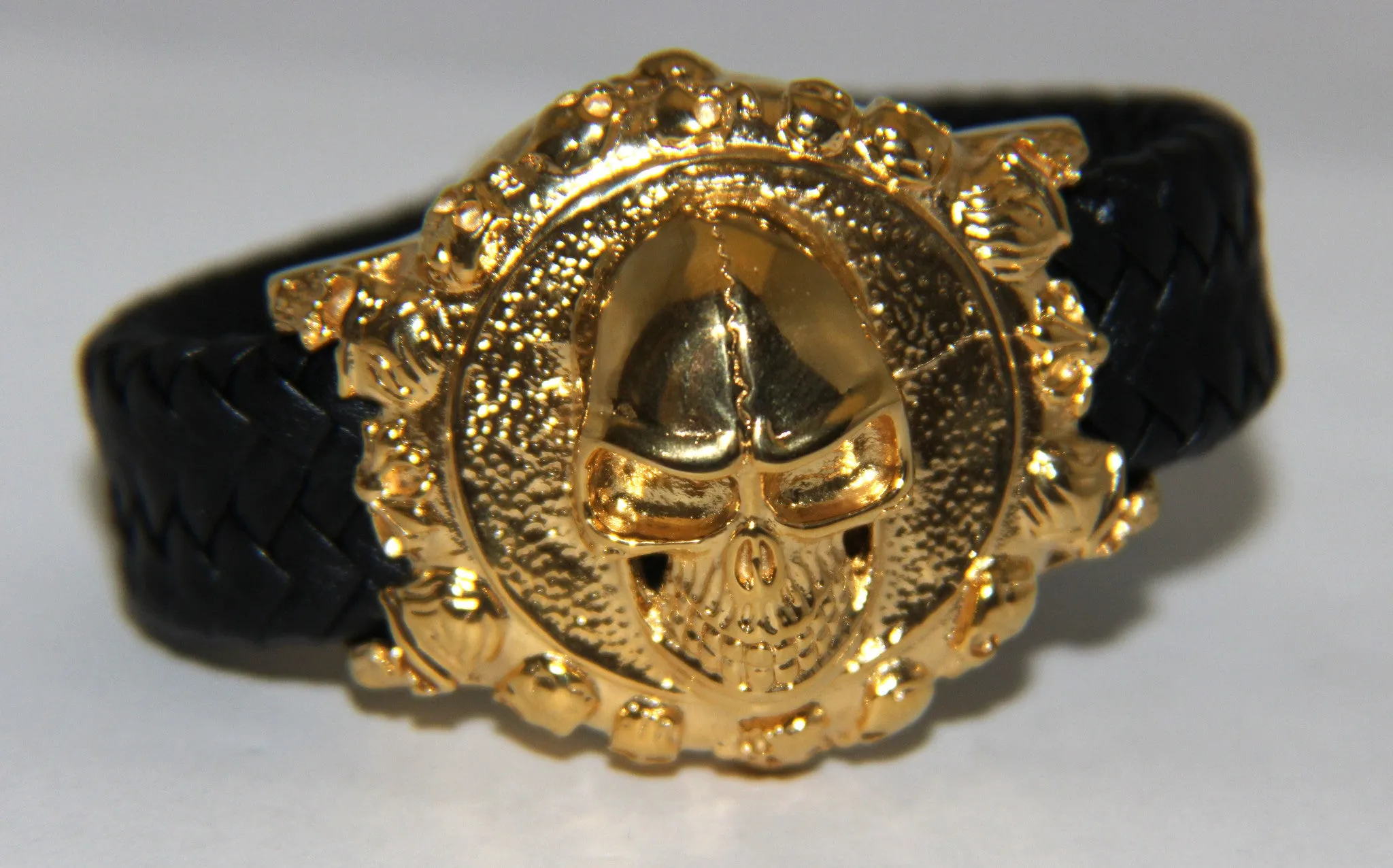 Stainless Steel Yellow Gold Plated Large Skull Leather Bracelet - UDINC0440