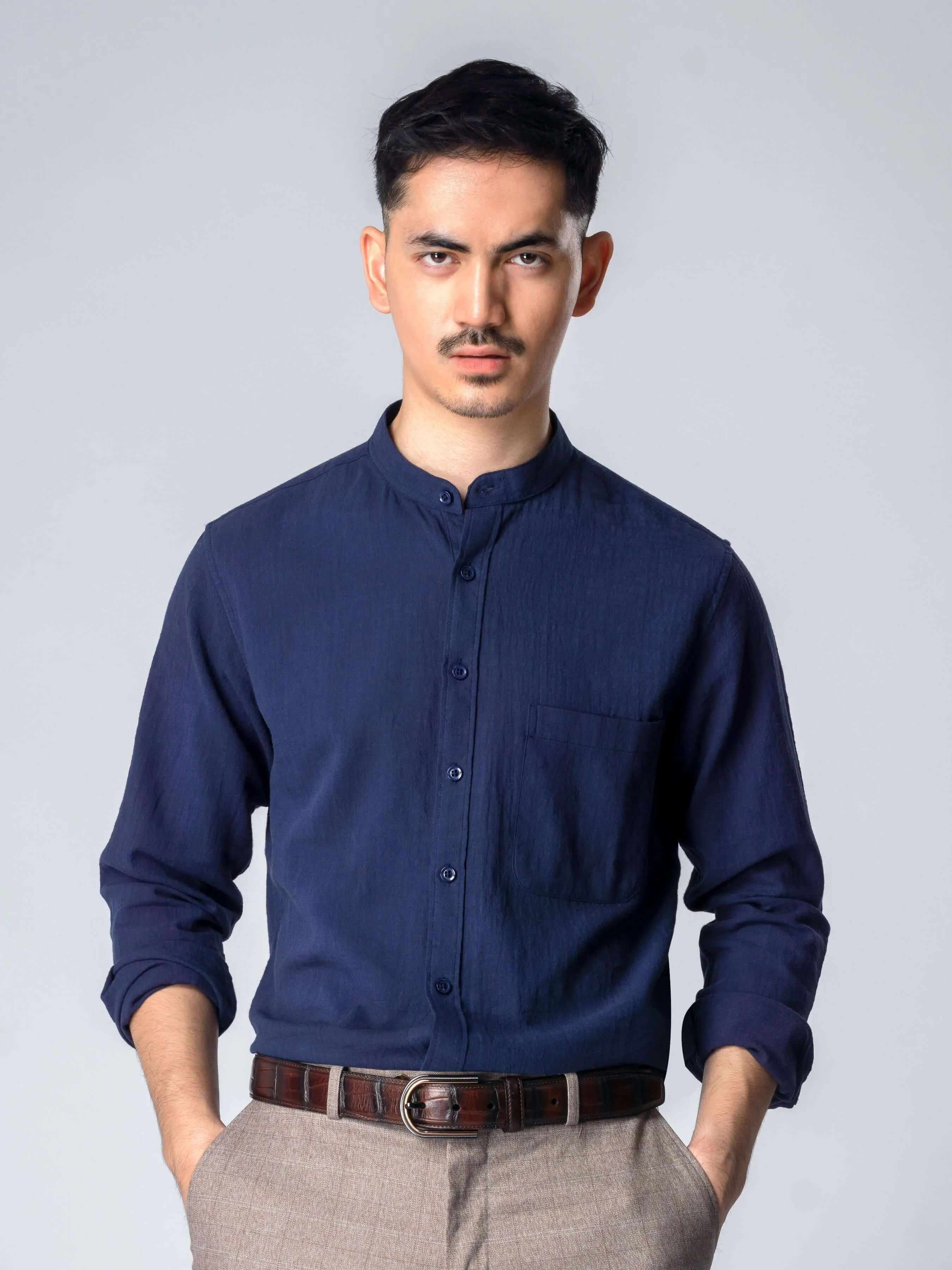 Stand Collar Shirt - Navy Blue