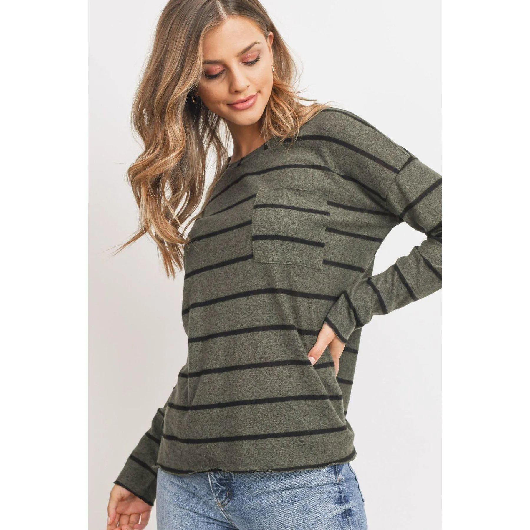 Striped Front Pocket Round Collar