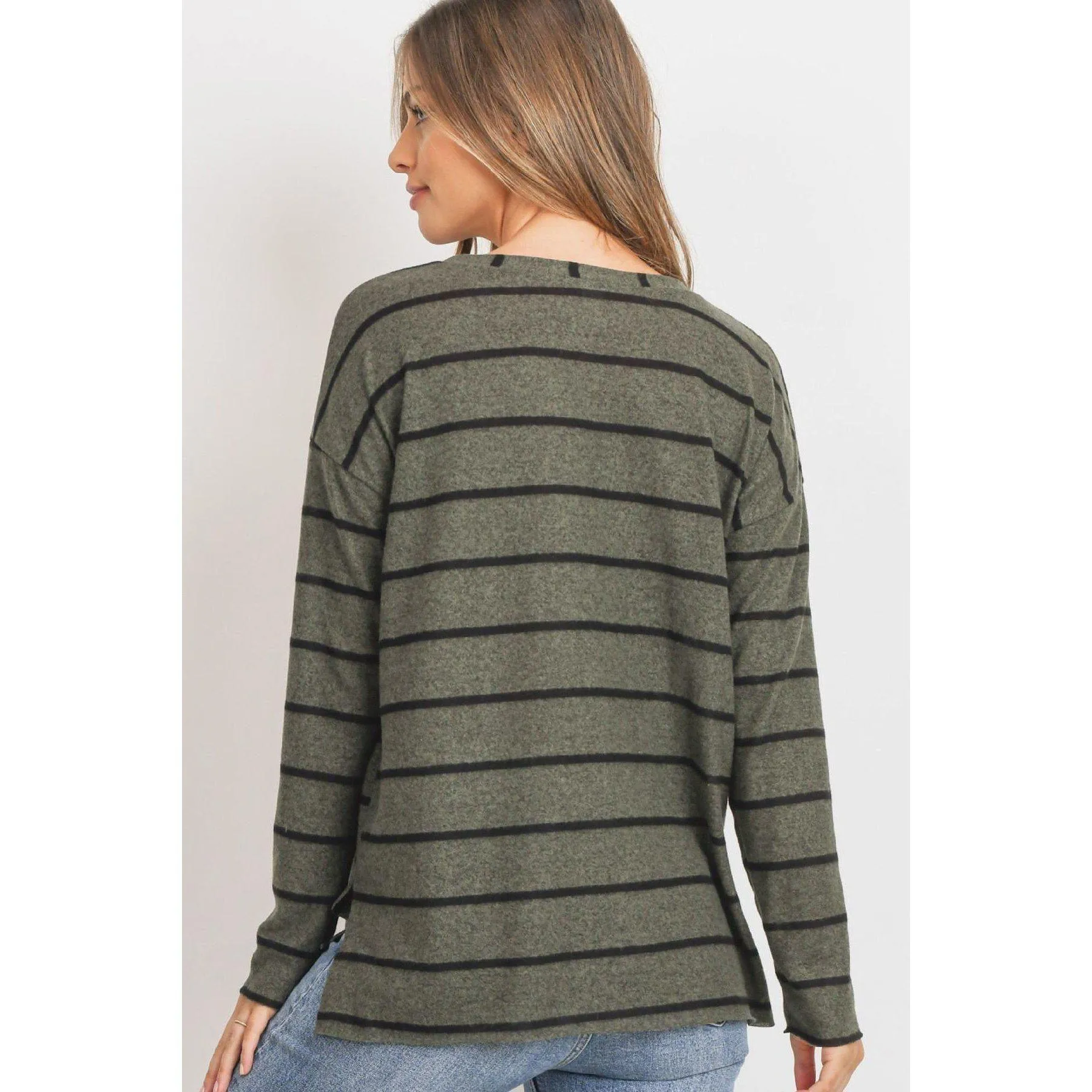 Striped Front Pocket Round Collar