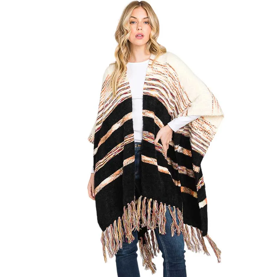 Striped Tassel Fringe Ruana Poncho