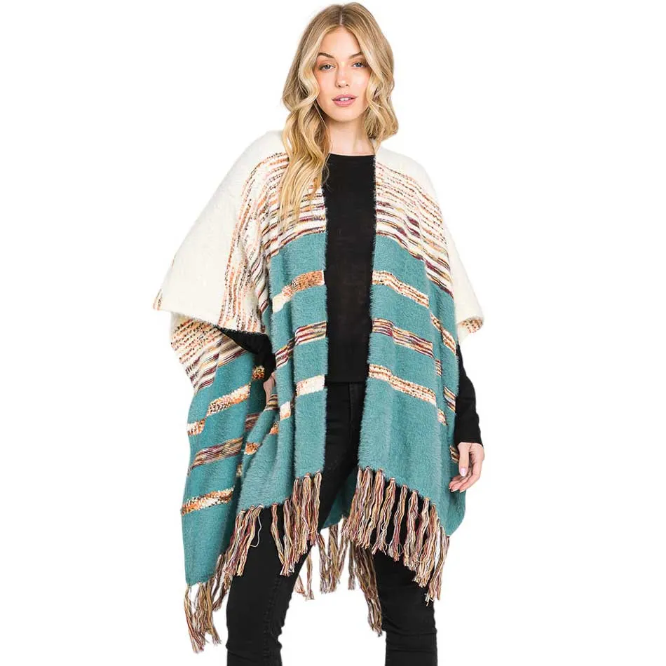 Striped Tassel Fringe Ruana Poncho