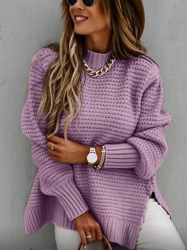 Stylish Split Knitted Long Sleeve Pullover Sweater for Women