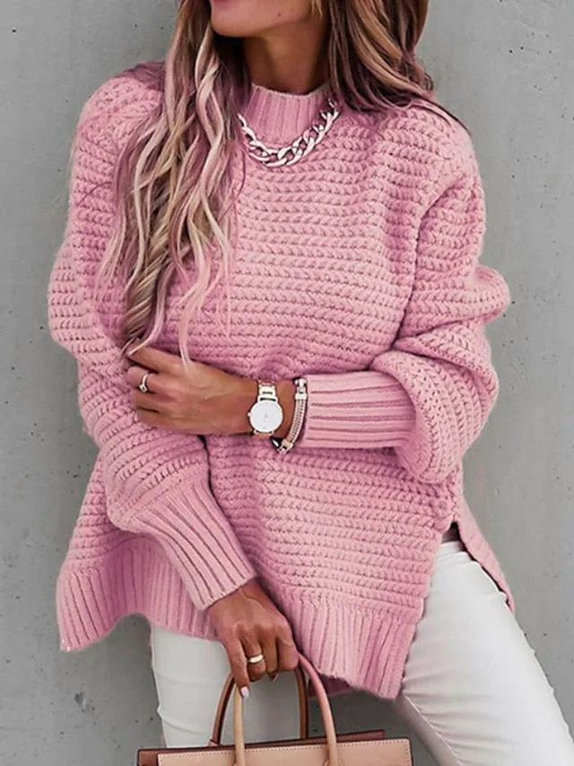 Stylish Split Knitted Long Sleeve Pullover Sweater for Women