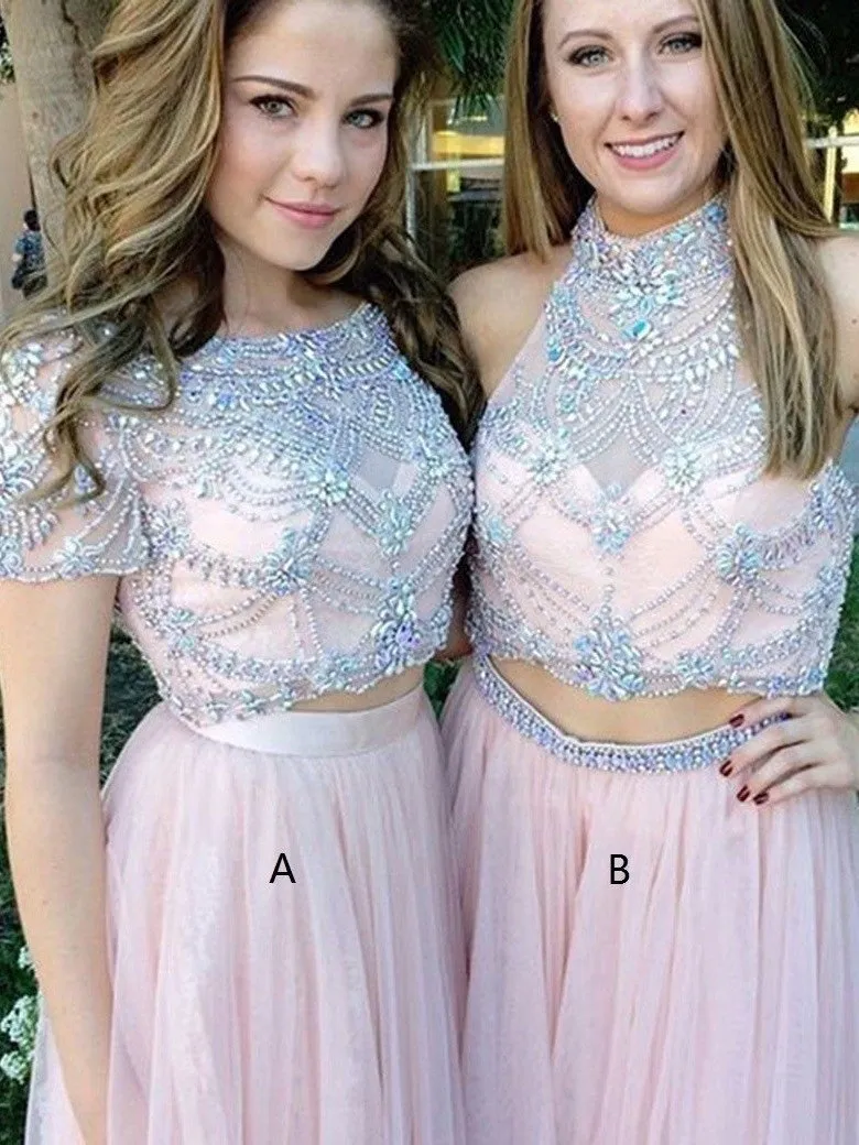 Tulle Scoop Neck A-line Floor-length with Beading Two Piece Short Sleeve Prom Dresses