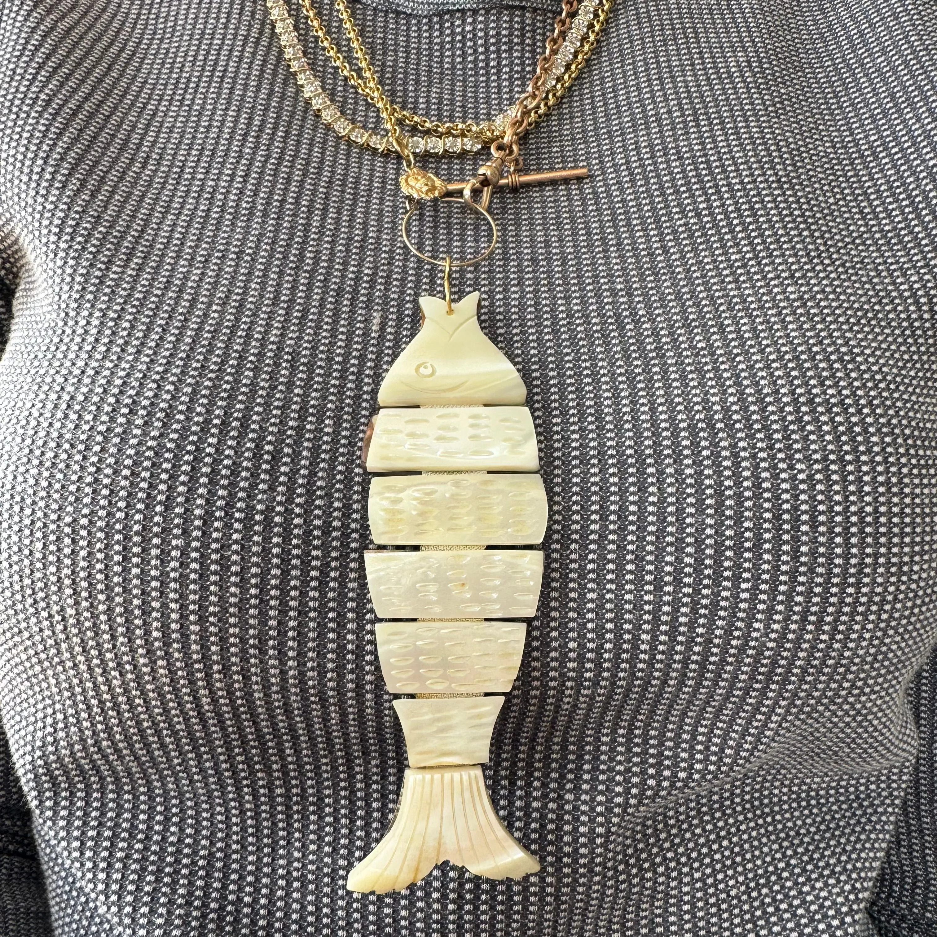 V I N T A G E // lucky catch / mid century articulated mother of pearl fish with 14k bail / a giant pendant