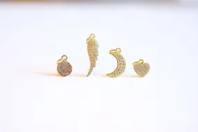 Wholesale Vermeil Gold Crescent Moon CZ Pave Charm- Angel Wing, Round Circle, Heart, Cubic Zirconia Pave Charm, Pave Charms, attached Bail, 189