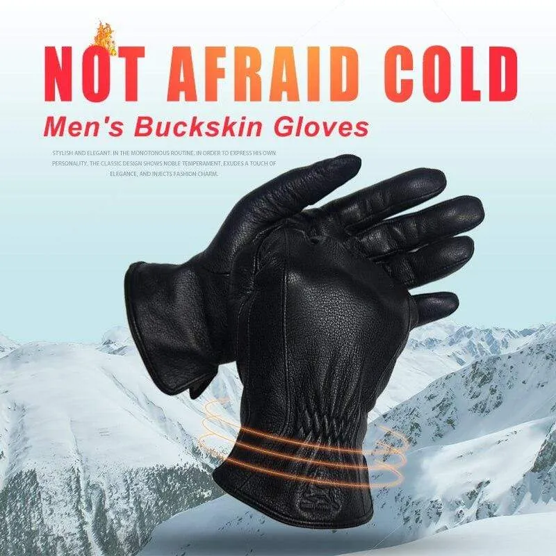 Winter Men's Leather Gloves Warm Soft Black Buckskin Pleated Design Outdoors Driving Gloves Mittens Wool Lining