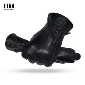 Winter Men's Leather Gloves Warm Soft Black Buckskin Pleated Design Outdoors Driving Gloves Mittens Wool Lining