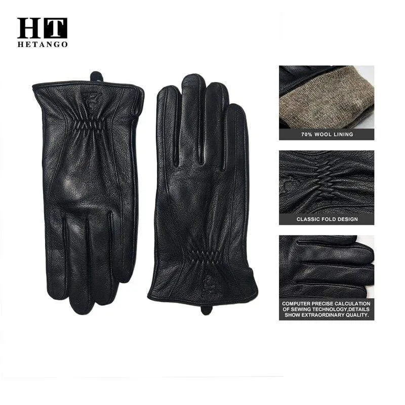 Winter Men's Leather Gloves Warm Soft Black Buckskin Pleated Design Outdoors Driving Gloves Mittens Wool Lining