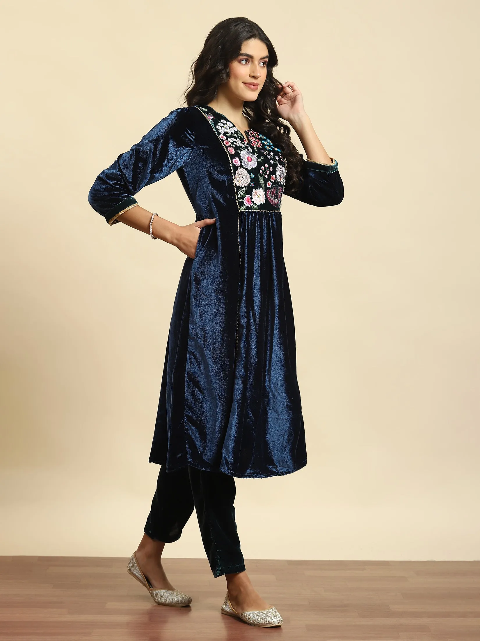 Women Blue Embroidered Kurta Trouser Dupatta