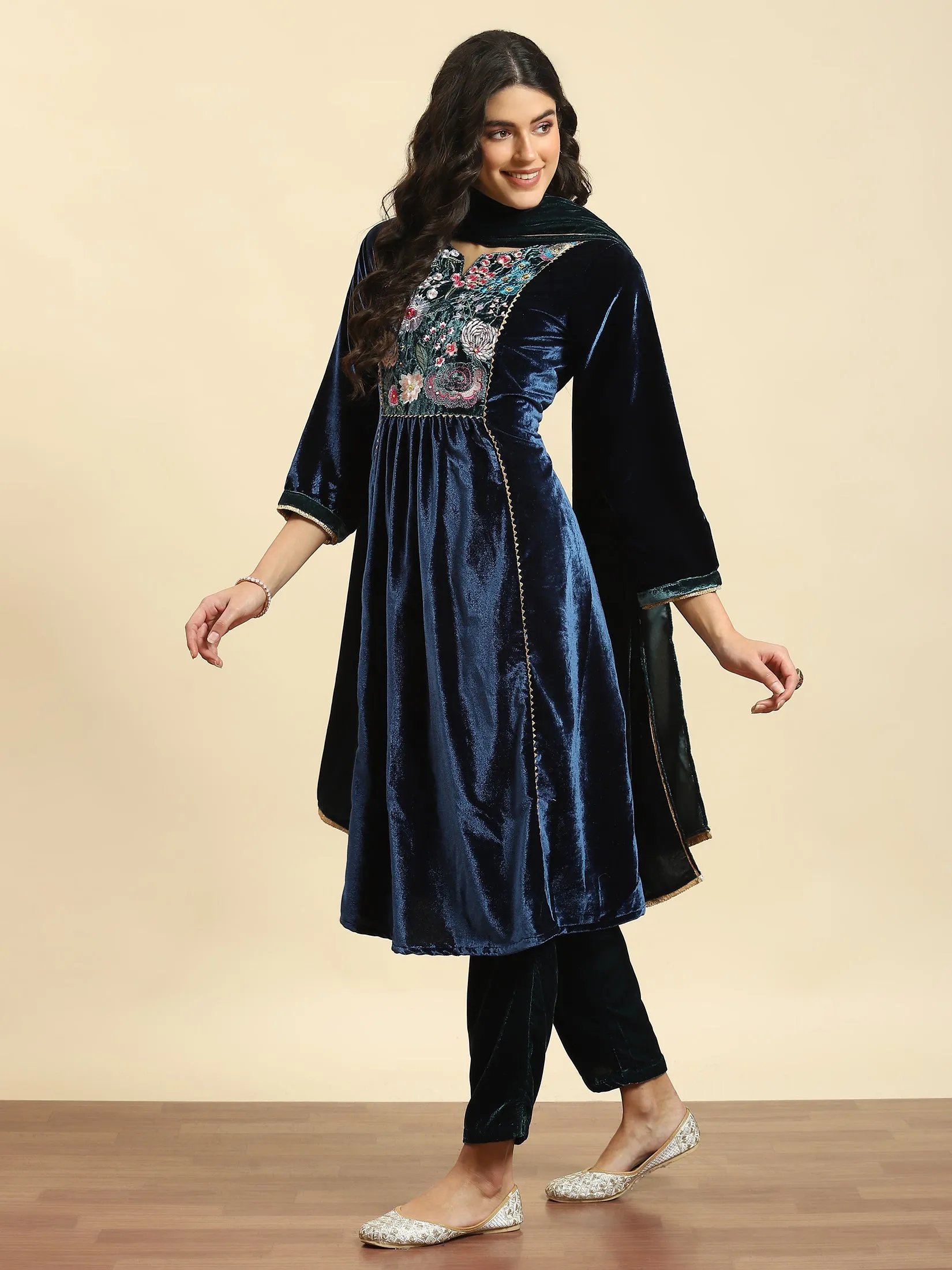 Women Blue Embroidered Kurta Trouser Dupatta